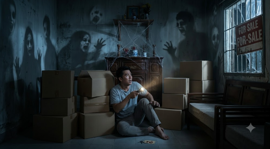 yêu cầu hình ảnh diễn tả đầy đủ theo nội dung h1 nhé, tất cả đều là người châu á, thay đổi mọi thứ để phù hợp với nội dung, bạn là chuyên gia tạo ảnh giống người nhất, bạn hãy tạo hình ảnh về tiêu đề: "Tôi mua căn nhà giá rẻ vì nghĩ hời lớn, đến đêm đầu tiên mới biết lý do không ai dám ở