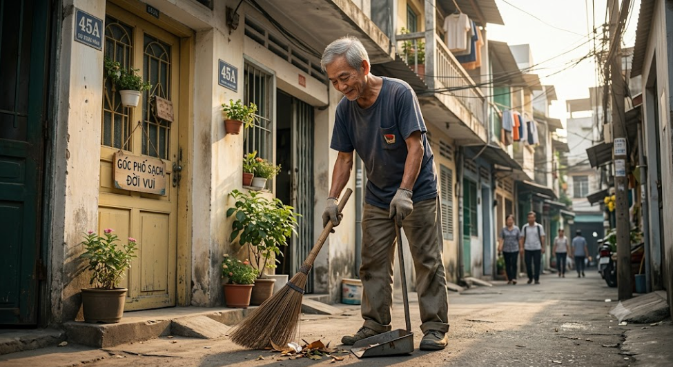 Người đàn ông lặng lẽ quét rác trước cửa nhà tôi mỗi sáng, đến khi biết danh tính ai cũng sững sờ