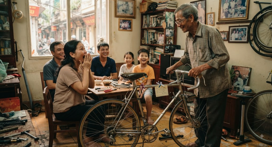 Tôi giúp một cụ ông sửa chiếc xe đạp cũ, một tuần sau nhận được món quà khiến cả nhà bất ngờ