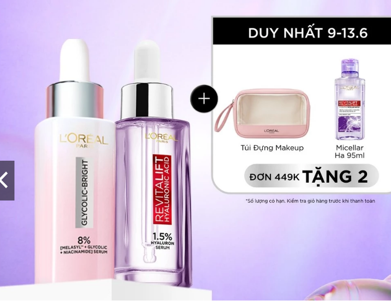 Bộ 2 Serum Siêu Cấp Ẩm Hyaluronic Acid 1.5% 30ml & Glycolic Melasyl 8% Dưỡng Sáng Da, Mờ Thâm Mụn Nám L'Oréal Paris